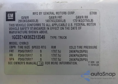 2008 Chevrolet Silverado 1500 Work Truck from USA, damaged, VIN 1GCEC14X08Z313549